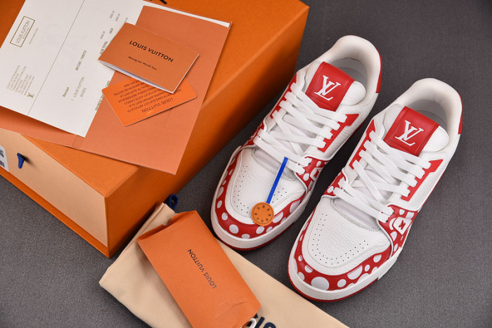 l&v x yayoi kusama trainer white red